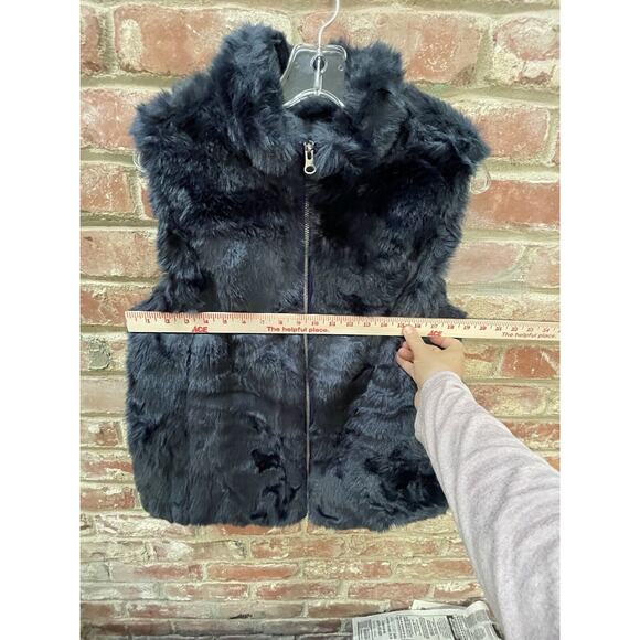 J Crew Faux Fur Vest Womens M Full Zip Navy Blue Pockets Satin Lining Mob Wife - Picture 2 of 10